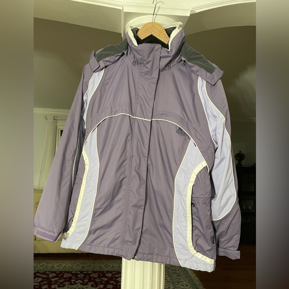 Quest women’s two tone purple/blue with white stripes hooded Ski Jacket size L
